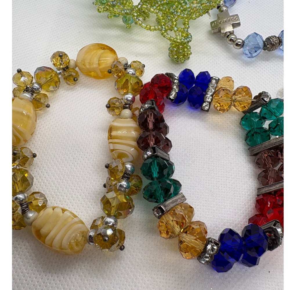 Lot of 5 Beaded Stretch Bracelets Crystal Glass Stone Cross Charm Multi Color - Picture 5 of 9